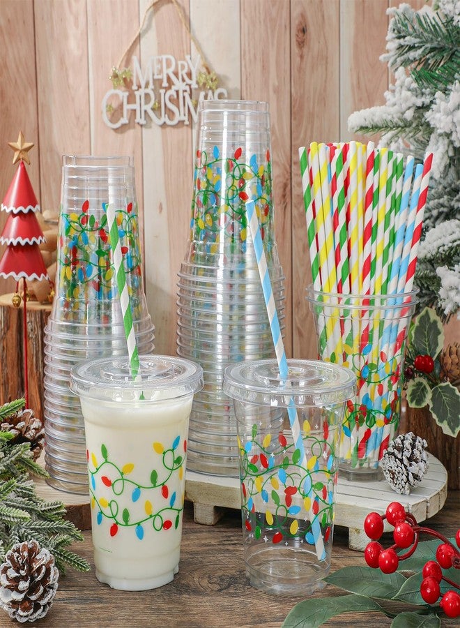 JarThenaAMCS أكواب بلاستيكية من JarThenaAMCS، 50 قطعة، مع أغطية وماصات، مزينة بأضواء عيد الميلاد الملونة، سعة 12 أونصة، باللون الأحمر والأخضر والأصفر والأزرق، أكواب للاستخدام مرة واحدة لعيد الميلاد والشتاء - Image 4